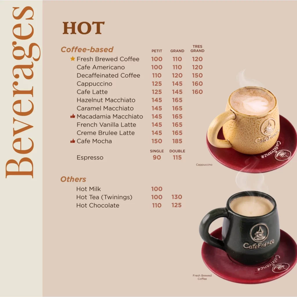 CAFE FRANCE HOT BEVERAGES PRICES