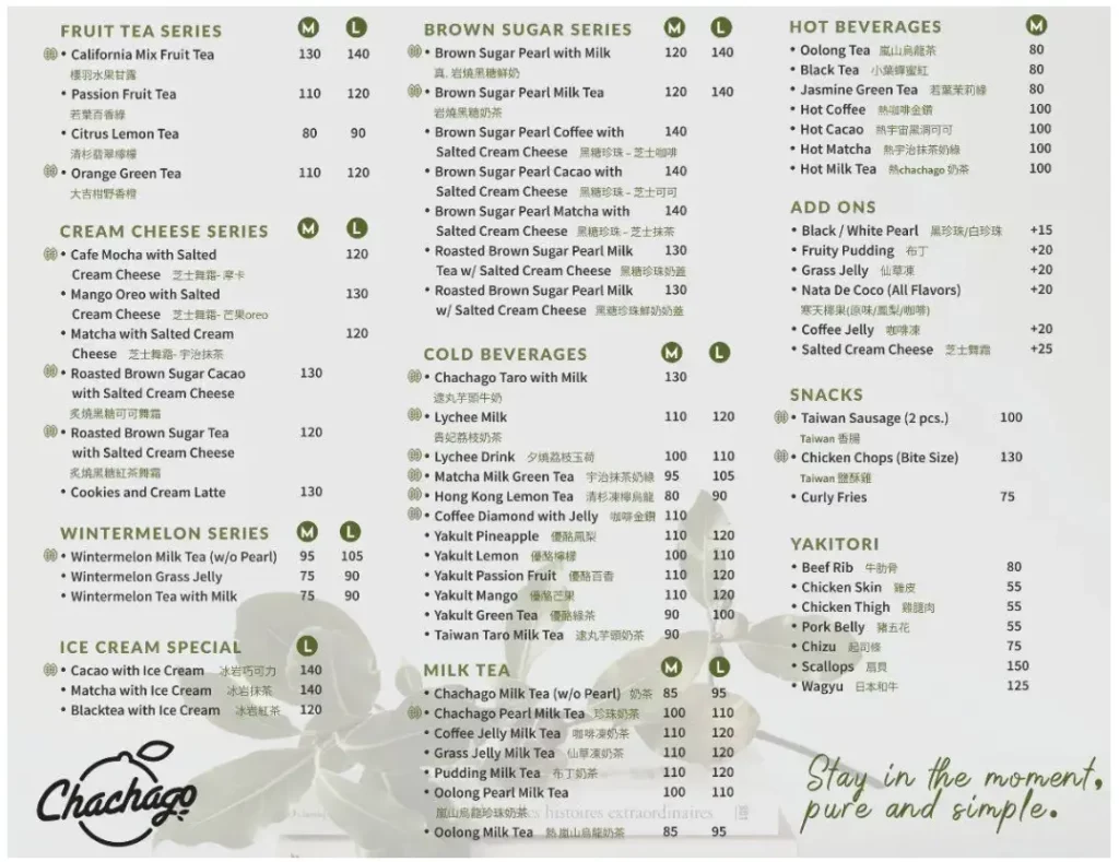 CHACHAGO CREAM CHEESE SERIES MENU WITH PRICES