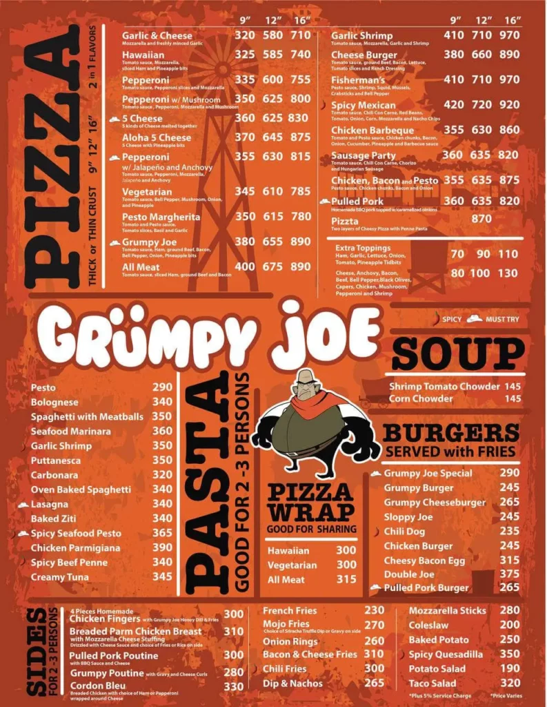 GRUMPY JOE PIZZA MENU PRICES