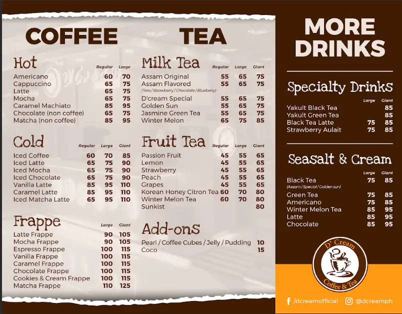 D’CREAM COFFEE & TEA FRAPPE MENU PRICES