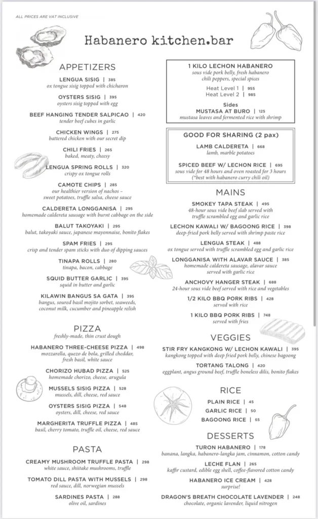 HABANERO KITCHEN BAR APPETIZERS MENU WITH PRICES