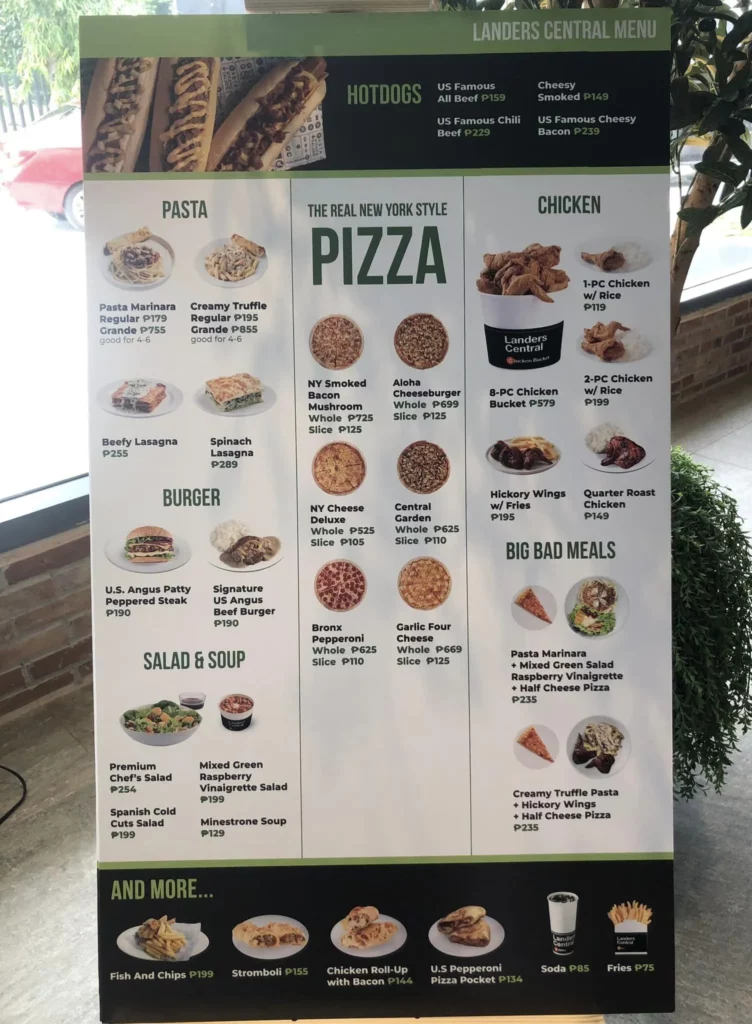 LANDERS CENTRAL PIZZA MENU WITH PRICES