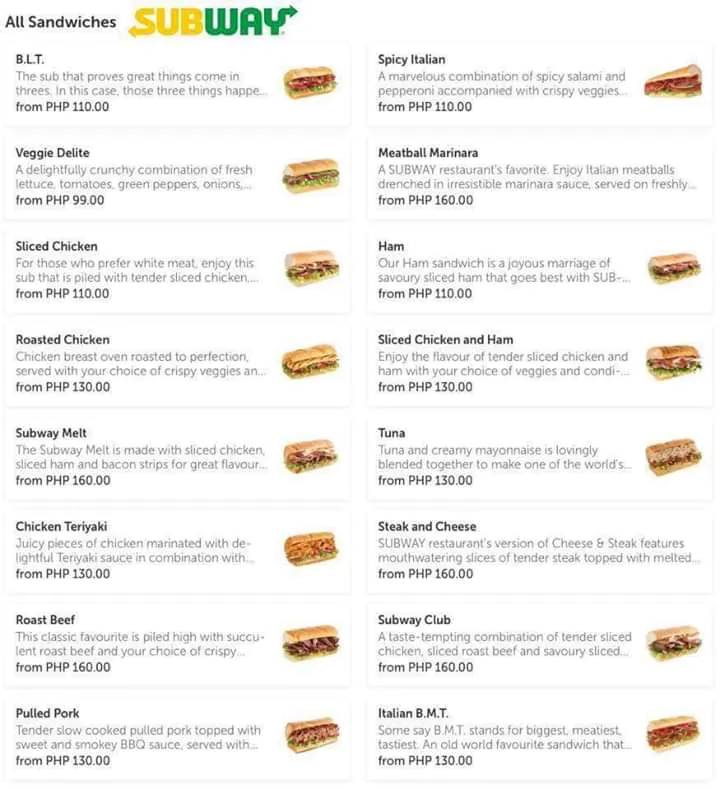 Subway Menu Prices