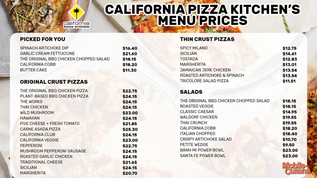 california pizza kitchen Menu Prices