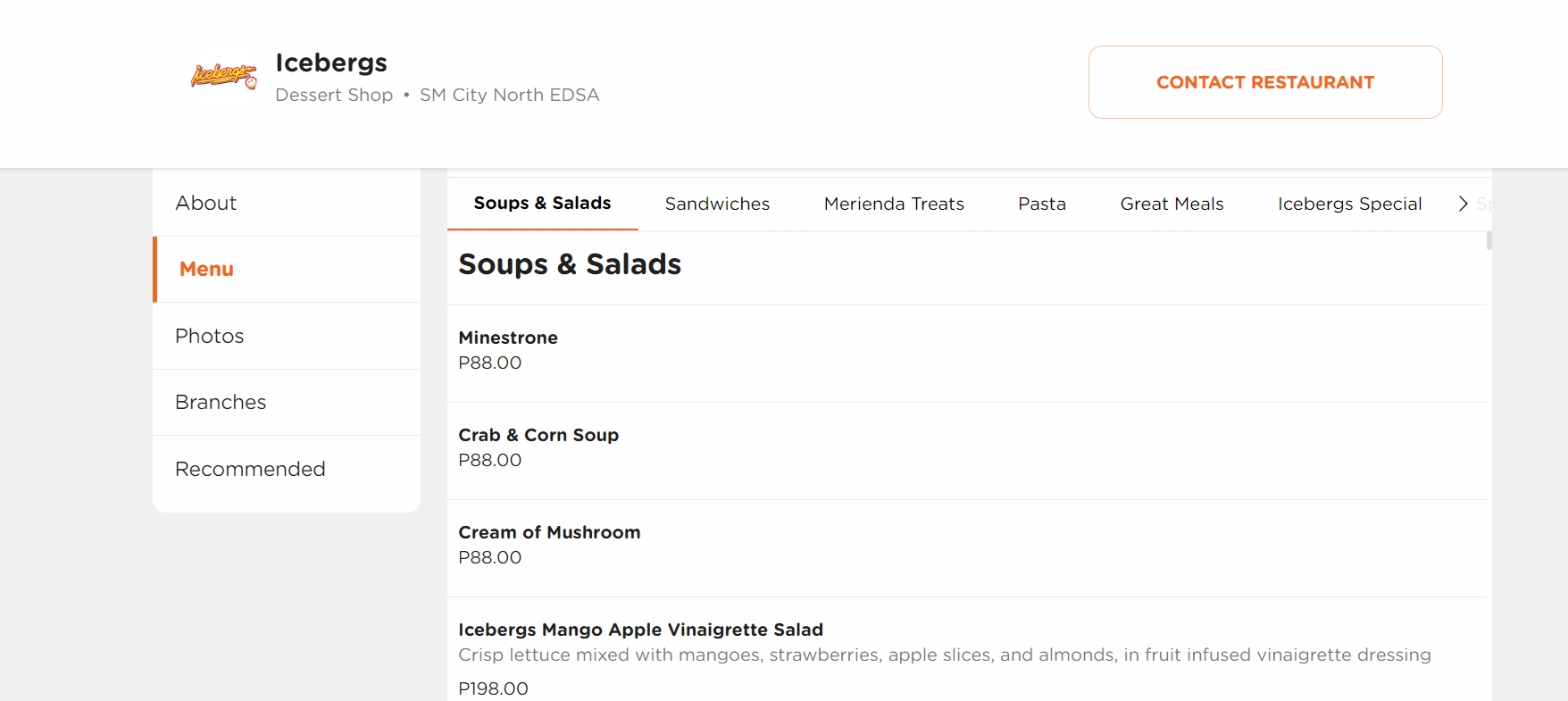 ICEBERGS MENU PRICES