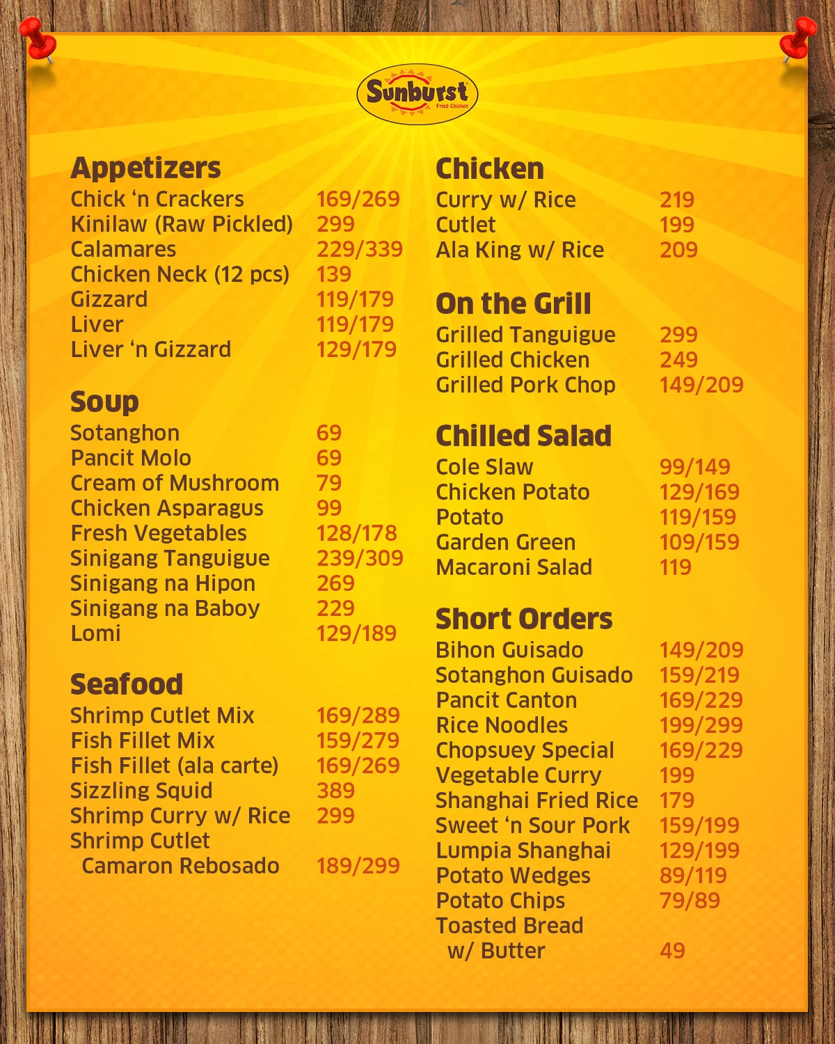 SUNBURST MENU PRICES
